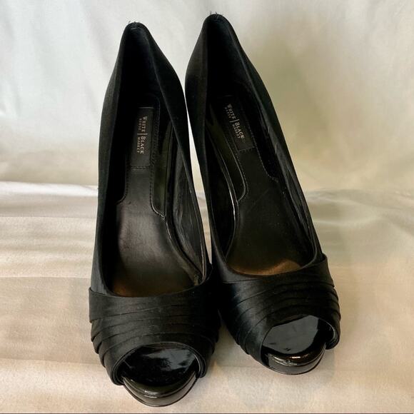 White House Black Market WHBM Jordin Peeptoe Heels Platform Shoe Black Satin 7.5 - Picture 14 of 14